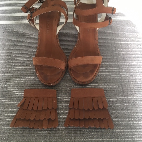 Freda Salvador Fringed Gladiator Block Heel Sandals In Camel Suede US 6.5 - Picture 7 of 13